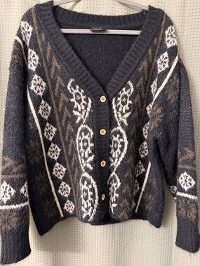 Vici Charcoal Fair Isle Button Front Cardigan with Cream & Brown Accents